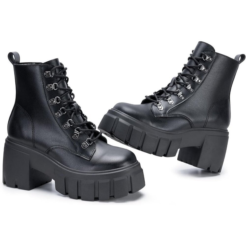 Women’s Combat Black Lace up Side Zipper High Heel Chunky Ankle Lug Sole Booties
